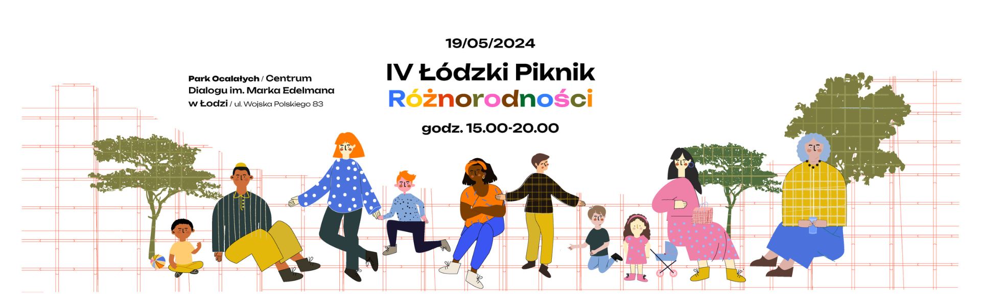 Grafika zapraszająca na IV Łódzki Piknik Różnorodności w Parku Ocalałych, przedstawiająca ilustrowaną grupę różnorodnych osób na tle drzew i geometrycznej siatki.